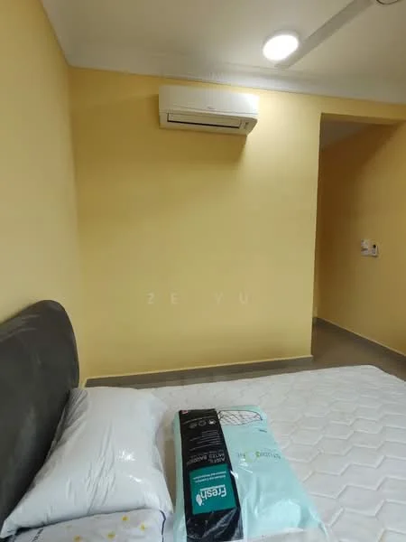 Room features: yellow painted walls, grey upholstered headboard, white bedding, 1 wall-mounted split AC, recessed ceiling light, concrete flooring; style: modern.