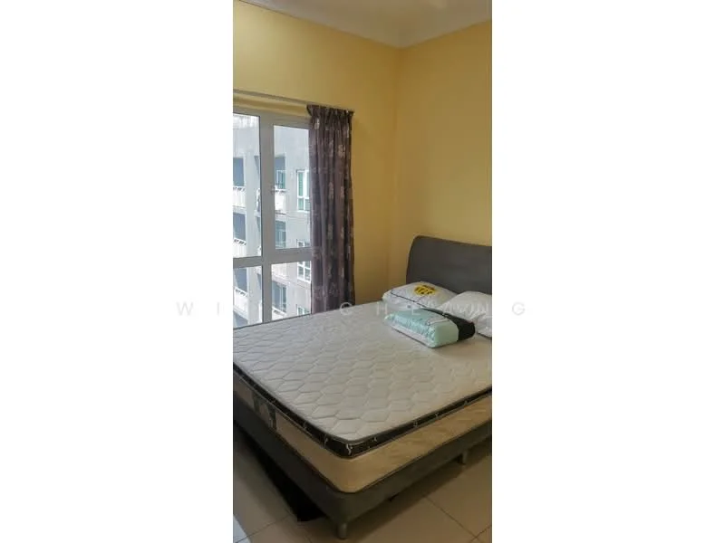 Bedroom features: queen-size bed, grey upholstered headboard, mattress with protective cover, floor-to-ceiling windows, curtains in purple, yellow painted walls, tile flooring, decorative pillow, bed frame with storage.
