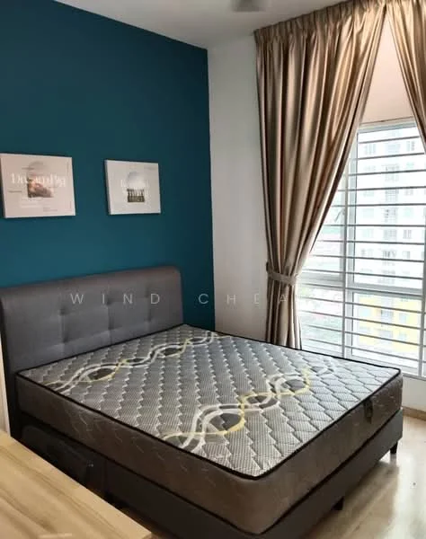 Bedroom features: queen-size bed, upholstered headboard, grey bed frame, blue accent wall, floor-to-ceiling windows, sheer curtains, wooden flooring, two framed artworks on wall; style: modern.