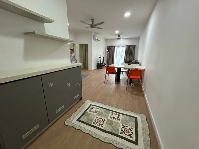 Living features: laminate flooring, white painted walls, 5-blade ceiling fan with light, large window with sheer curtains, dining table with chairs, sofa, decorative area rug, open shelving unit, wall-mounted air conditioning unit; style: modern.