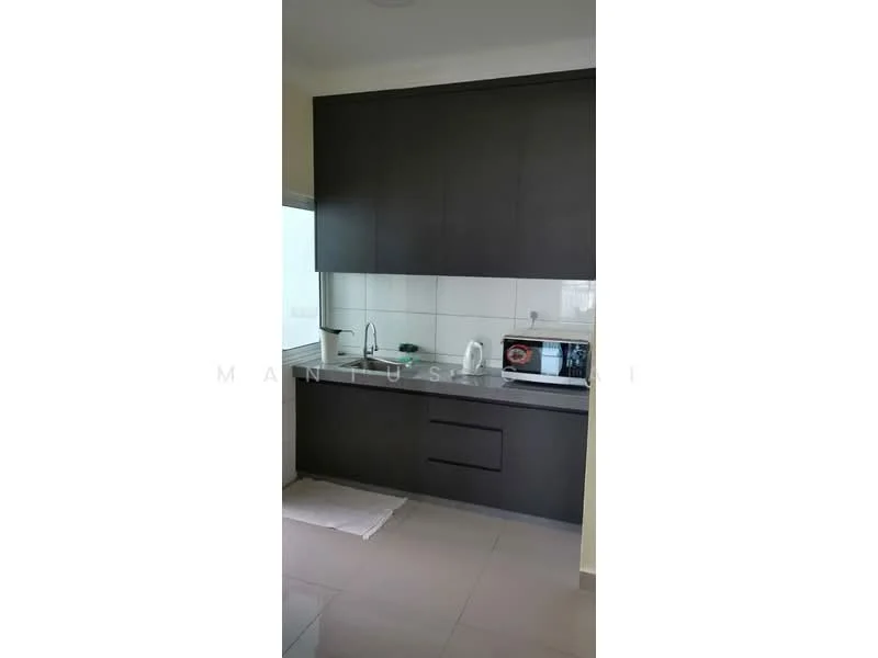 Kitchen features: dark wood cabinetry, white tiled backsplash, stainless-steel sink, chrome pull-down faucet, built-in microwave, freestanding kettle, countertop with space for appliances, grey floor tiles; style: modern.