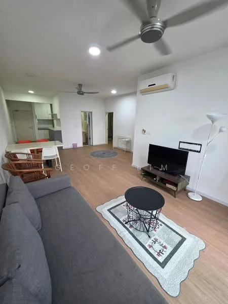 Living features: grey fabric sofa, 3-seater sofa, coffee table, area rug with floral pattern, wall-mounted TV, TV console, 5-blade ceiling fan, wall-mounted air conditioning unit, laminate flooring, white painted walls, floor lamp; style: modern. Kitchen features: open-plan layout, kitchen island, white cabinetry, stainless-steel appliances, unknown countertop material; style: modern.