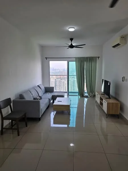 Living features: grey fabric 3-seater sofa, wooden coffee table, TV console, wall-mounted TV, floor-to-ceiling windows, sliding glass door, sheer curtains, ceiling fan with light, glossy tile flooring, white painted walls, air conditioning unit; style: modern; view: city.