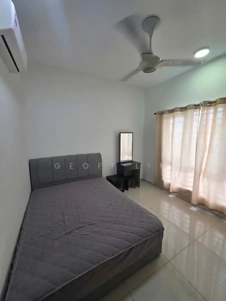 Bedroom features: queen-size bed, upholstered headboard, 2 bedside tables, floor-to-ceiling windows, sheer curtains, 1 wall-mounted split AC, ceiling fan, glossy tile flooring, light-colored painted walls, full-length mirror; style: modern.