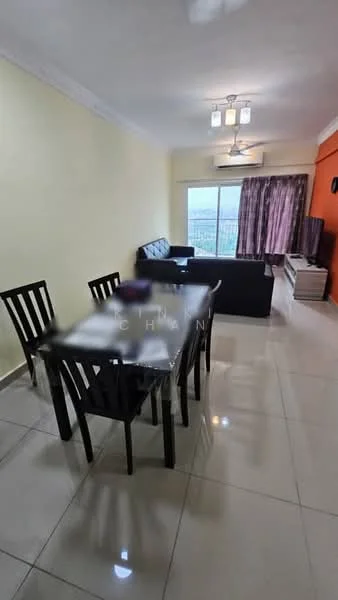 Living features: grey fabric sofa, black TV console, wall-mounted TV, dining table with black chairs, cream tiled flooring, yellow painted walls, orange accent wall, ceiling fan with light, curtains on sliding glass door, floor-to-ceiling windows, decorative wall art; style: modern; view: city.