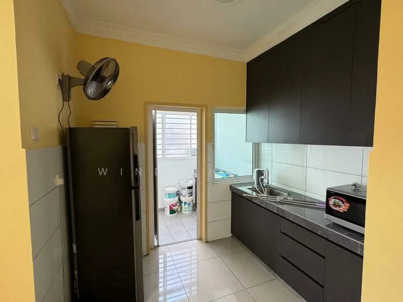 Kitchen features: black cabinetry, grey granite countertop, single-bowl stainless-steel sink, chrome pull-down faucet, stainless-steel fridge, white tiled backsplash, white painted walls, ceramic tile flooring, exhaust fan, window with view to outdoor area; style: modern.