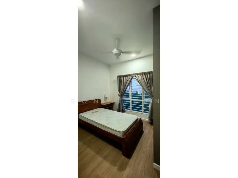 Bedroom features: queen-size bed, wooden bed frame, ceiling fan, floor-to-ceiling window, sheer curtains, wooden flooring, white painted walls, decorative wall, city view; style: modern; view: city.