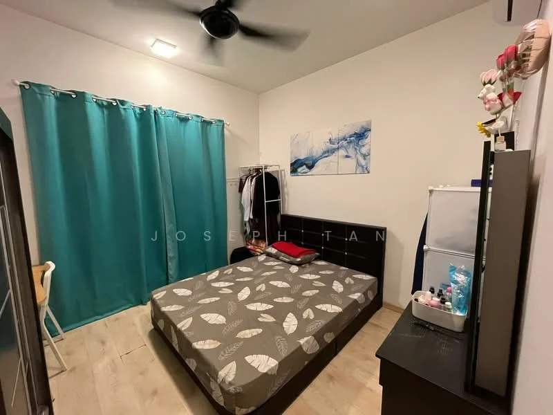Bedroom features: queen-size bed with patterned bedding, black wooden bed frame, light wood flooring, white painted walls, ceiling fan, floor-to-ceiling window with turquoise curtains, black bedside table, wall-mounted artwork, clothing rack, decorative wall shelf; style: modern.