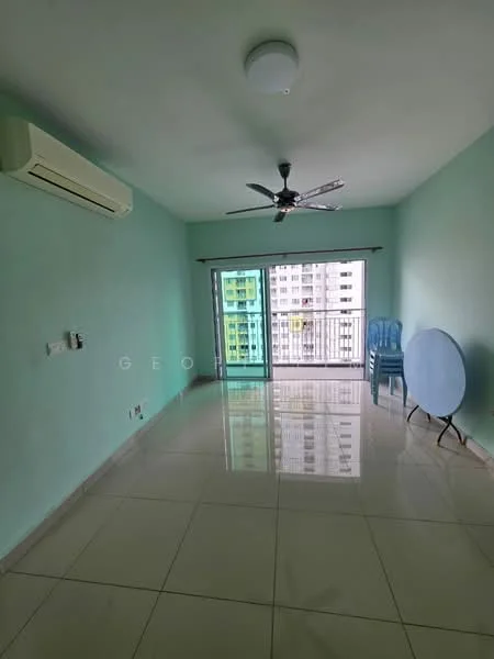 Living features: light green painted walls, glossy white tile flooring, 5-blade ceiling fan with light, wall-mounted split AC, floor-to-ceiling sliding glass door, balcony access, large round table, plastic chair; style: modern; view: city.