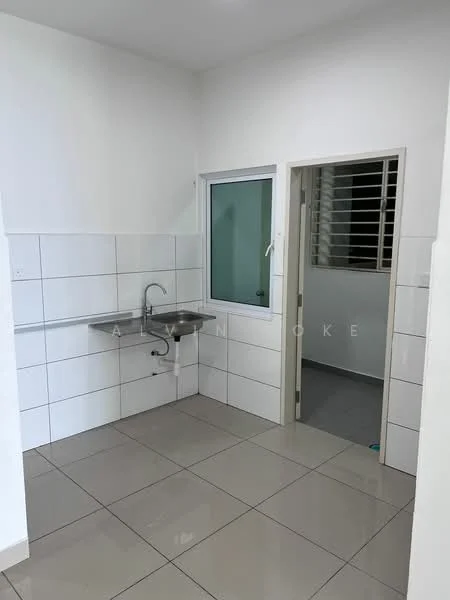 Kitchen features: single-bowl stainless-steel sink, chrome pull-down faucet, white tiled walls, grey floor tiles, window with security bars, open layout, counter space, no visible appliances; style: modern.