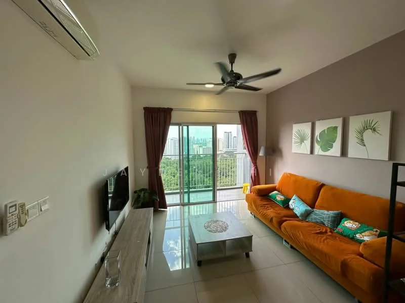 Living features: orange fabric sofa, coffee table, wall-mounted TV, floor-to-ceiling sliding glass door, curtains in dark red, ceiling fan with light, decorative wall art with botanical prints, tile flooring, air conditioning unit, green cushions on sofa; style: modern; view: city.