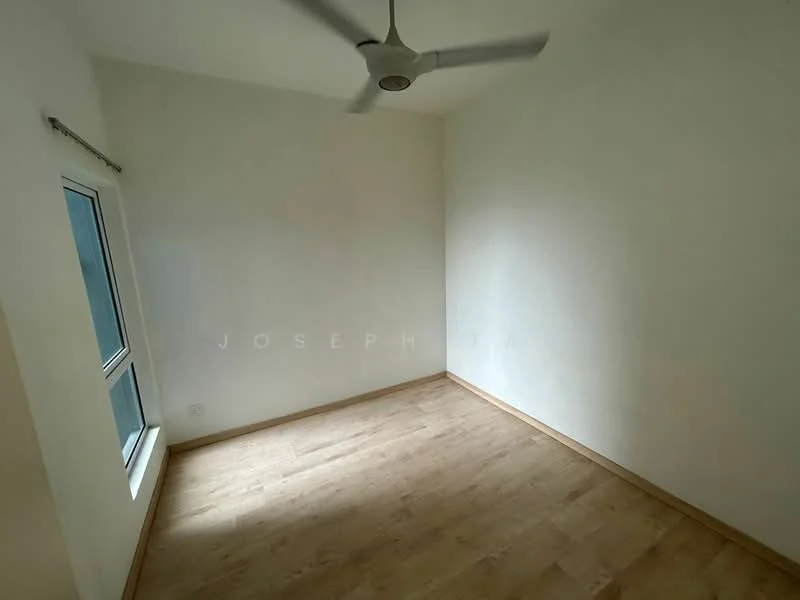 Room features: white painted walls, laminate flooring, ceiling fan, window with frame, natural light from window.