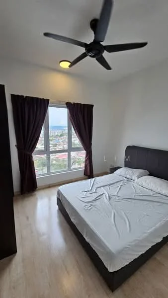 Bedroom features: queen-size bed, upholstered headboard, floor-to-ceiling windows, blackout curtains, wooden flooring, 5-blade ceiling fan, recessed ceiling light, decorative wall, city view; style: modern; view: city.
