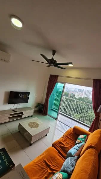 Living features: 5-blade ceiling fan with light, wall-mounted TV, TV console, orange fabric sofa, coffee table, floor-to-ceiling sliding glass door, curtains in red, tile flooring, air conditioning unit, decorative wall art; style: modern; view: city.