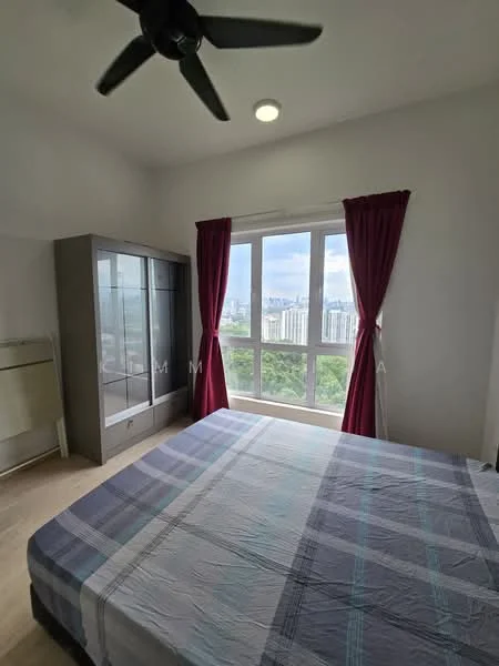 Bedroom features: king-size bed with patterned bedding, floor-to-ceiling windows, red curtains, ceiling fan, wooden flooring, built-in wardrobe with glass doors, light fixture on ceiling, view of city skyline; style: modern; view: city.