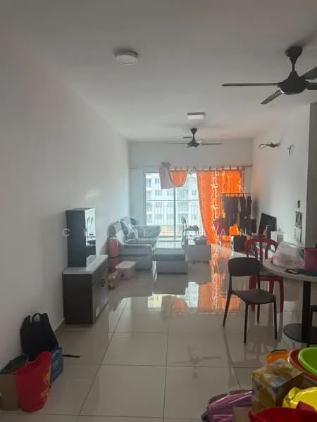 Living features: white painted walls, glossy tile flooring, 2 ceiling fans, sofa set in light grey, coffee table, TV console, wall-mounted TV, large window with sheer curtains, orange sheer curtains, decorative items on the floor, dining table with chairs, plastic storage bags; style: modern; view: city.