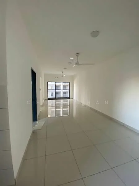 Room features: white painted walls, glossy ceramic tile flooring, recessed downlights, 5-blade ceiling fan, large sliding glass door, floor-to-ceiling windows, neutral color scheme, open layout; style: modern.