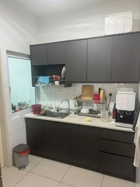 Kitchen features: dark wood cabinetry, white countertop, single-bowl stainless-steel sink, chrome pull-down faucet, built-in coffee machine, kitchen appliances on countertop, open shelving, tile backsplash, floor tiles, garbage bin, window with view to adjacent room; style: modern.
