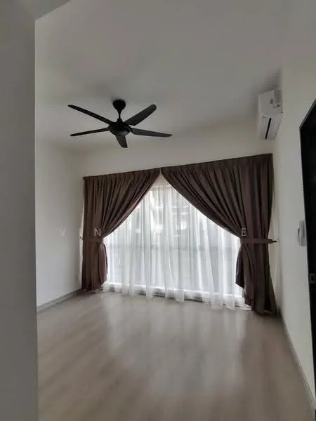 Living features: light wood flooring, white painted walls, 5-blade ceiling fan, floor-to-ceiling windows, sheer curtains, dark brown curtains, wall-mounted split AC, neutral decor; style: modern.