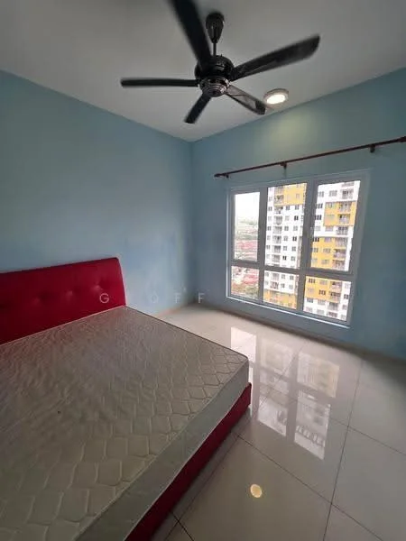 Bedroom features: blue painted walls, white ceiling, 5-blade ceiling fan, floor-to-ceiling windows, sliding window with view, white tiled flooring, queen-size bed with red upholstered headboard, curtain rod without curtains; style: modern; view: city.