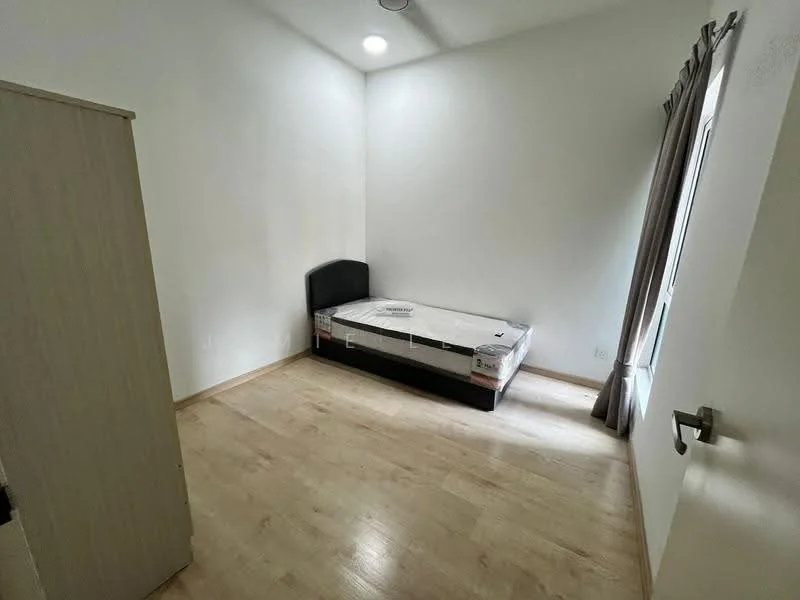 Bedroom features: single bed, wooden flooring, white painted walls, window with sheer curtains, built-in wardrobe, recessed ceiling light; style: modern.