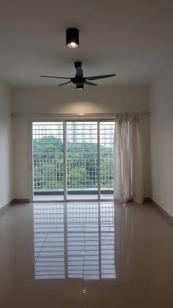 Living features: white painted walls, glossy ceramic tile flooring, 5-blade ceiling fan with light, floor-to-ceiling sliding glass door, sheer curtains, view of greenery, natural light from large windows; style: modern; view: garden.