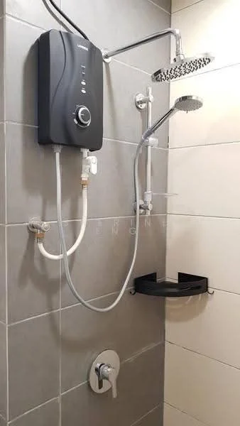 Bathroom features: shower with rain shower head, handheld shower, wall-mounted water heater, chrome faucet, grey tiled walls, black corner shelf; style: modern.