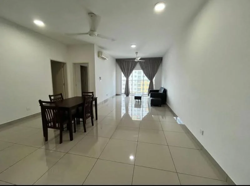 Living features: white painted walls, glossy ceramic tile flooring, 5-blade ceiling fan with light, recessed LED downlights, large windows with sheer curtains, black leather sofa, wooden dining table with four chairs, coffee table, air conditioning unit; style: modern; view: city.