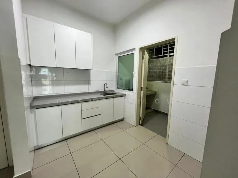 Kitchen features: white shaker cabinets, grey countertop, single-bowl stainless-steel sink, chrome pull-down faucet, ceramic tile flooring, white tiled walls, window above sink, door leading to utility area; style: modern.