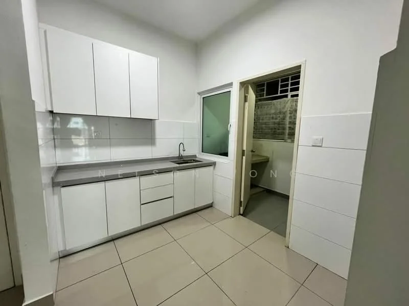 Kitchen features: white cabinetry, single-bowl stainless-steel sink, chrome pull-down faucet, grey countertop, ceramic tile flooring, white tiled walls, window with green view, built-in cabinets, open shelving; style: modern. Room features: ceramic tile flooring, white tiled walls.