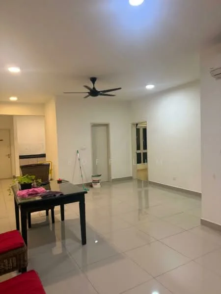 Living features: glossy tile flooring, white painted walls, recessed downlights, 5-blade ceiling fan, open layout, large windows, air conditioning unit, dining table, sofa, decorative plants; style: modern.