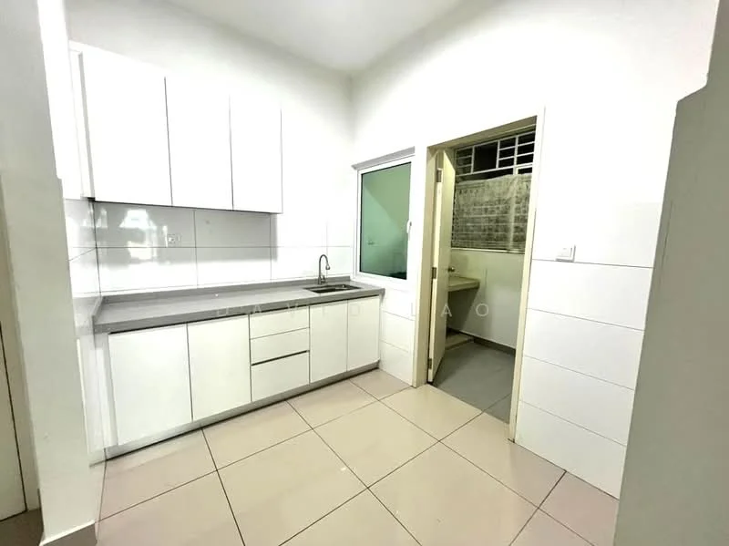 Kitchen features: white cabinetry with flat-panel doors, grey countertop, single-bowl stainless-steel sink, chrome pull-down faucet, ceramic tile flooring, white tiled backsplash, window above sink, built-in storage cabinets, open layout to adjacent room; style: modern. Room features: grey wall tiles, doorway leading to utility area, light fixture on ceiling.