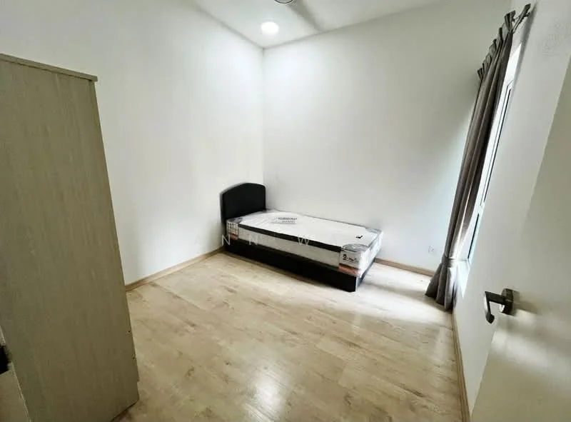 Bedroom features: single bed, wooden flooring, white painted walls, floor-to-ceiling window, curtains, built-in wardrobe, light fixture, no visible decor; style: modern.