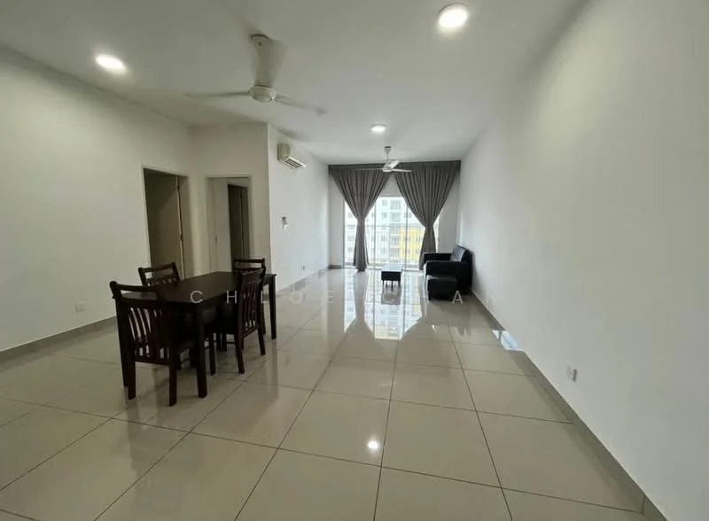 Living features: white painted walls, glossy ceramic tile flooring, 5-blade ceiling fan with light, large window with sheer curtains, sofa in black, dining table with 4 wooden chairs, air conditioning unit on wall, neutral color decor; style: modern; view: city.