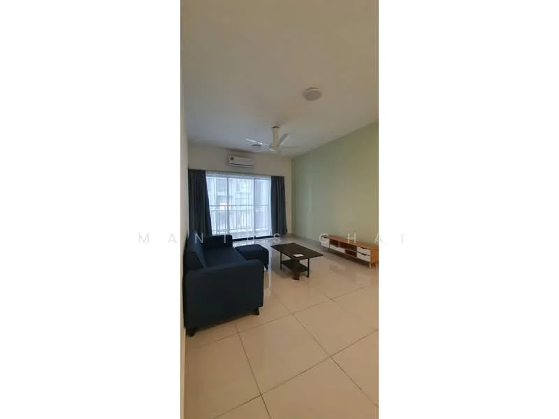 Living features: 3-seater fabric sofa in blue, coffee table, TV console, wall-mounted TV, floor-to-ceiling windows, sheer curtains, ceiling fan, white painted walls, light-colored tiled flooring; style: modern.