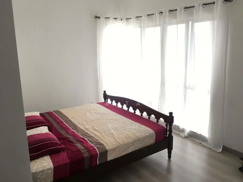 Bedroom features: queen-size bed, wooden bed frame, striped bedspread, two decorative pillows, white sheer curtains, large window, light-colored flooring, white painted walls; style: minimalist.