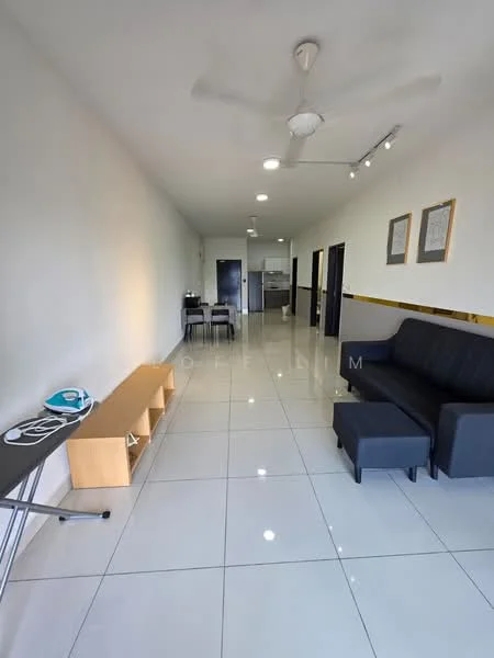 Living features: white painted walls, glossy ceramic tile flooring, 5-blade ceiling fan with light, sofa in black fabric, wooden console table, ironing board, dining table with chairs visible in background, recessed downlights; style: modern.