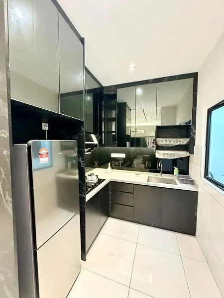 Kitchen features: black cabinetry, white countertop, stainless-steel fridge, built-in oven, gas hob, extraction hood, sink with faucet, wall-mounted storage, tile backsplash, white tiled flooring, floor-to-ceiling cabinets, window with view, recessed lighting; style: modern.