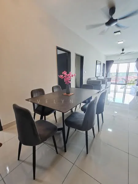 Dining features: 6-seater dining table, grey upholstered dining chairs, white tiled flooring, ceiling fan, wall-mounted artwork, large windows with sheer curtains, decorative flower arrangement, open layout to living area; style: modern; view: city. Living features: sofa, coffee table, TV console, floor-to-ceiling windows, natural light, open layout to dining area; style: modern; view: city.