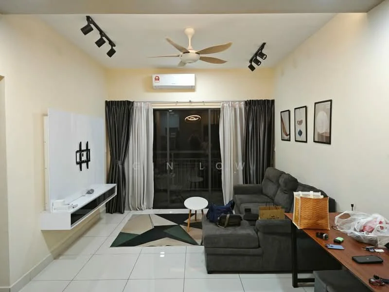 Living features: 3-seater fabric sofa in grey, coffee table, TV console, wall-mounted TV, area rug with geometric pattern, ceiling fan with light, recessed downlights, floor-to-ceiling sliding glass door, blackout curtains, sheer curtains, decorative wall art, white painted walls, glossy tile flooring; style: modern.