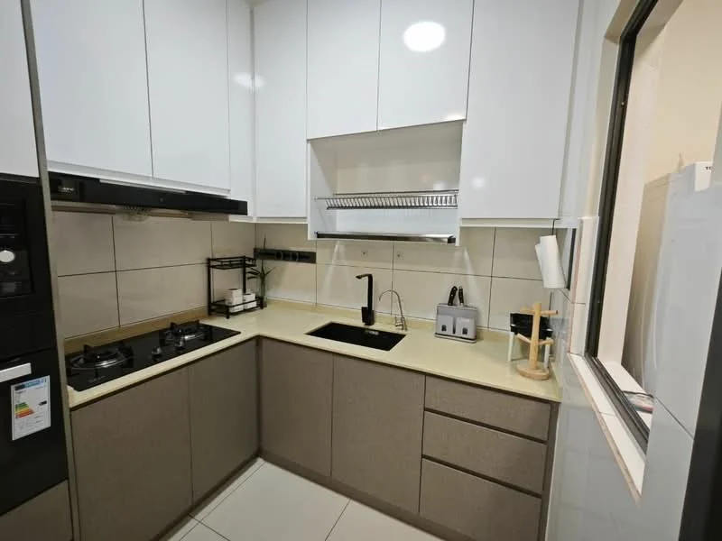Kitchen features: white high-gloss cabinetry, grey lower cabinetry, quartz countertop, single-bowl stainless-steel sink, chrome pull-down faucet, built-in gas hob with 2 burners, built-in oven, black kitchen appliances, tile backsplash, recessed ceiling lights, window with sheer curtains, open shelving, kitchen utensils holder; style: modern.
