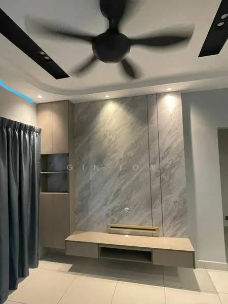 Living features: 5-blade ceiling fan with integrated LED light, grey marble feature wall, built-in cabinetry with light wood finish, wall-mounted TV console, recessed lighting, cream tiled flooring, floor-to-ceiling curtains in dark blue, crown moulding on ceiling; style: modern.