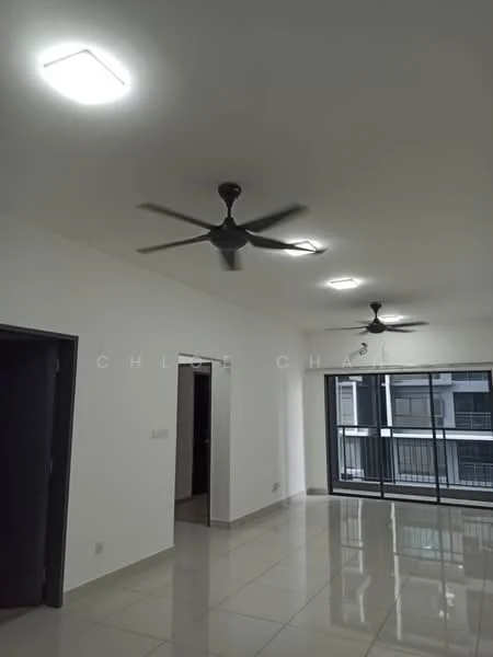 Living features: white painted walls, glossy ceramic tile flooring, 2 ceiling fans, recessed LED downlights, floor-to-ceiling windows, sliding glass door, balcony access, neutral color scheme; style: modern.