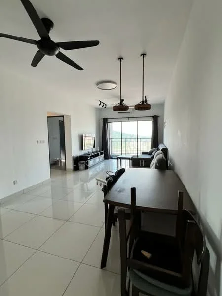 Living features: white painted walls, glossy ceramic tile flooring, 5-blade ceiling fan, recessed downlights, large sliding glass door, floor-to-ceiling windows, blackout curtains, TV console, sofa, dining table with chairs, decorative wall art; style: modern; view: city.