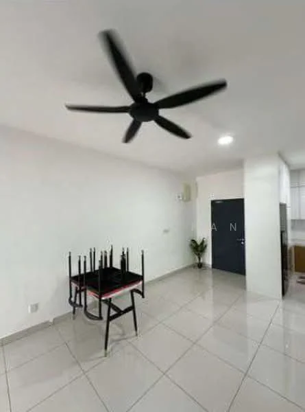 Room features: white painted walls, polished ceramic tile flooring, 5-blade ceiling fan in black, wall-mounted split AC, single door, indoor plant, kitchen visible in background.