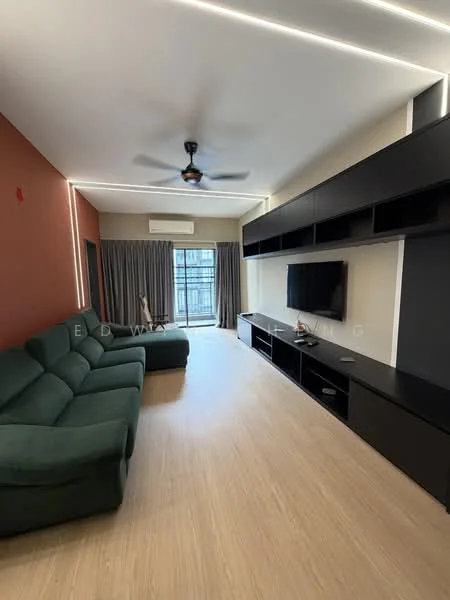 Living features: L-shape sectional sofa in green, wooden flooring, recessed downlights, 5-blade ceiling fan, wall-mounted TV, black entertainment unit, floor-to-ceiling windows, curtains, sliding glass door, accent wall in red; style: modern.