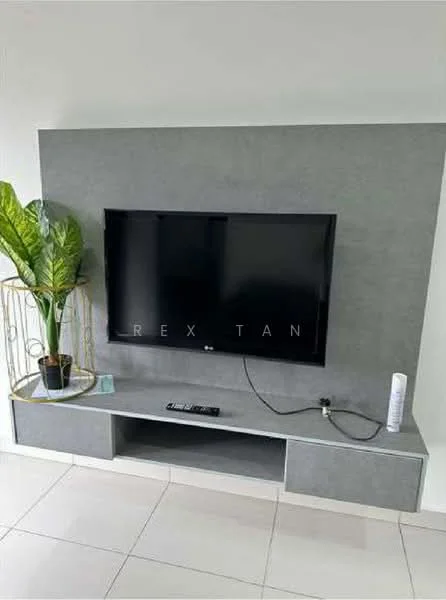 Living features: wall-mounted TV, grey feature wall, TV console with storage, white ceramic tile flooring, indoor plant in decorative pot, remote control on console, cable management system, minimalist decor; style: modern.