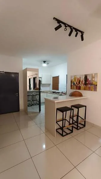 Kitchen features: white cabinetry, black bar stools, kitchen island, stainless-steel appliances, ceramic tile flooring, recessed downlights, open layout, window with blinds, decorative artwork on wall; style: modern.