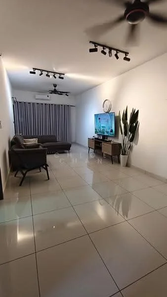 Living features: white painted walls, polished ceramic tile flooring, recessed LED downlights, 5-blade ceiling fan with light, sofa in grey fabric, wooden TV console, wall-mounted TV, decorative wall clock, curtains in grey, indoor plants in ceramic pots; style: modern.