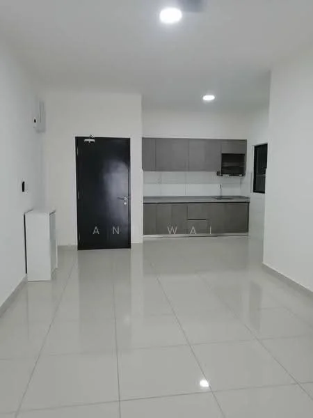 Kitchen features: white painted walls, grey cabinetry, white countertop, stainless-steel sink, chrome pull-down faucet, built-in oven, freestanding range oven, ceramic tile flooring, recessed LED downlights, floor-to-ceiling window, wall-mounted split AC; style: modern.
